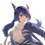  1girl arknights blue_hair breasts ch&#039;en_(arknights) dragon_horns horns id_card jacket koharu1807 long_hair low-tied_long_hair oni_horns open_clothes open_mouth red_eyes shirt simple_background solo white_background yellow_neckwear 