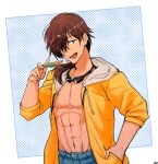  abs brown_hair fang food goggles goggles_around_neck hand_in_pocket hansode_(pumpton) highres jacket long_hair looking_at_viewer low_ponytail male_focus mitani_ryouichi navel open_clothes open_jacket patterned_background popsicle shirtless smile solo summer_pockets violet_eyes watermelon_bar 