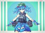  &gt;:) 1girl armor artist_name bandaid bandaid_on_arm bandaid_on_face blue_eyes blue_gloves blue_hair blue_skirt bright_pupils closed_mouth clothes_around_waist commentary_request cowboy_shot dated gloves gradient gradient_background green_headwear hair_between_eyes hair_bobbles hair_ornament hakurei_fling hat highres kawashiro_nitori legs_apart looking_at_viewer rocket_launcher short_hair skirt solo standing sweater sweater_around_waist touhou twintails v-shaped_eyebrows weapon 