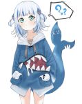  1girl ?? animal_hood blue_hair epeulu_(ate5424) fish_bone fish_tail gawr_gura hair_ornament highres hololive hololive_english hood hood_down multicolored_hair shark_girl shark_hair_ornament shark_hood shark_tail simple_background tail virtual_youtuber white_background white_hair zipper_pull_tab 