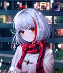  1girl absurdres arknights blush closed_mouth coat eyebrows_visible_through_hair highres looking_at_viewer multicolored_hair night outdoors red_scarf redhead ryon_y0421 scarf short_hair silver_hair snow snowing solo two-tone_hair upper_body w_(arknights) white_coat 