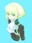  1boy bangs blue_background cravat eyebrows_visible_through_hair green_hair highres lio_fotia looking_at_viewer male_focus memeo_(candy_house) promare simple_background solo trigger_(company) violet_eyes 