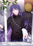  2boys ahoge black_shirt blonde_hair blurry_foreground day green_hair hair_between_eyes hypnosis_mic indoors izanami_hifumi jinguuji_jakurai long_sleeves looking_at_viewer looking_out_window male_focus mikura_(miraclemicro) multiple_boys purple_hair shirt standing window 