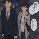  1boy 1girl arm_grab bag black_hair handbag highres jacket jitome necktie night office_lady original outdoors short_hair translated violet_eyes wakamatsu372 