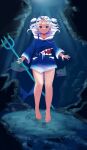  1girl absurdres animal_hood barefoot duplicate fish_tail gawr_gura highres hololive hololive_english hood hood_down ktkmsan polearm shark shark_girl shark_hood shark_tail tail trident underwater virtual_youtuber water weapon 