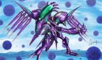  amasaki_yusuke artist_name claws facing_down floating mark_nicht mecha mechanical_wings no_eyes no_humans ocean open_hands science_fiction solo soukyuu_no_fafner waves wings 