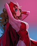  1girl armpits arms_behind_head avengers blue_eyes bodysuit breasts brown_hair cowboy_shot davecavedraws gloves gradient gradient_background highres large_breasts leotard long_hair marvel pink_bodysuit red_gloves red_leotard scarlet_witch solo 