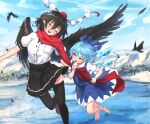  2girls barefoot black_hair black_legwear black_skirt black_wings blue_bow blue_dress blue_eyes blue_hair blush bow cirno closed_eyes commentary_request day detached_wings dress feathered_wings feathers hair_bow ice ice_wings multiple_girls open_mouth outdoors pleated_skirt pointy_ears red_headwear red_scarf roke_(taikodon) scarf scarf_pull shameimaru_aya shirt shoes short_hair short_sleeves skirt smile snow thigh-highs touhou white_shirt wings 