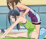  2girls bike_shorts black_eyes brown_hair closed_mouth green_shorts haruyama_kazunori healin&#039;_good_precure long_hair multiple_girls outdoors panties pantyshot ponytail precure purple_shorts sawaizumi_chiyu short_hair shorts sitting sleeveless smile sportswear takami_tsubasa underwear white_panties 