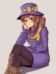  1girl a_hat_in_time black_legwear blue_eyes blush boots bow brown_footwear brown_hair closed_mouth coat crossed_legs eyebrows_visible_through_hair fujimna hat hat_bow hat_kid hat_ribbon highres knee_boots looking_at_viewer older pantyhose purple_coat purple_headwear ribbon scarf short_hair short_ponytail sidelocks sitting smile solo top_hat yellow_bow yellow_ribbon yellow_scarf 