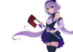  .live 1girl alternate_costume alternate_hairstyle axe carro_pino empty_eyes headband looking_at_viewer low_twintails namicha navel purple_hair shorts simple_background solo thigh-highs twintails violet_eyes virtual_youtuber white_background 