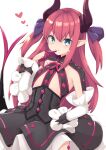 1girl black_shirt black_skirt blue_eyes blush breasts detached_sleeves dragon_girl dragon_horns elizabeth_bathory_(fate) elizabeth_bathory_(fate)_(all) fang fate/extra fate/extra_ccc fate/grand_order fate_(series) hand_on_hip hand_to_own_mouth horns long_hair open_mouth redhead ribbon rururiaru shirt simple_background skirt small_breasts smile solo tail white_background white_sleeves