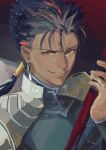 1boy armor beads blue_hair chi4co0820 cu_chulainn_(fate)_(all) earrings fate/stay_night fate_(series) gae_bolg grin hair_beads hair_ornament holding holding_polearm holding_weapon jewelry lancer long_hair looking_at_viewer male_focus pauldrons polearm ponytail red_eyes shoulder_armor smile solo spiky_hair type-moon weapon 