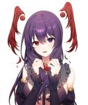  1girl :d a20_(atsumaru) bangs bare_shoulders breasts collar commentary_request detached_sleeves detached_wings grey_background hands_up head_wings heterochromia holding holding_hair indie_virtual_youtuber juliet_sleeves large_breasts long_hair long_sleeves looking_at_viewer open_mouth puffy_sleeves purple_hair red_eyes simple_background smile solo upper_body violet_eyes virtual_youtuber wings 