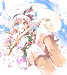 1girl :o absurdres bangs blue_eyes blue_sky boots brown_footwear cherry_blossoms clouds commentary eyebrows_visible_through_hair flower foreshortening green_skirt green_vest hair_ribbon highres ichizen_(o_tori) knee_boots knee_up konpaku_youmu konpaku_youmu_(ghost) leaning_back looking_at_viewer open_mouth petals ribbon scabbard sheath short_hair skirt sky solo sword touhou unsheathing vest weapon white_hair 