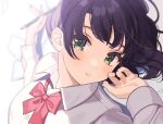  1girl black_hair blurry blurry_background bow bowtie close-up commentary_request green_eyes highres long_hair long_sleeves looking_at_viewer lying on_back original pencil red_neckwear shigure_ui shirt solo upper_body white_shirt 