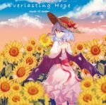  1girl album_cover back bangs bat_wings blue_sky blurry_foreground bow cherry_blossoms clouds cloudy_sky cover dress dusk eyebrows eyelashes falling_petals field flower flower_field frilled_dress frills gradient_sky hat hat_ribbon highres jewelry light_purple_hair looking_at_viewer medium_hair mirimo neck_ring orange_sky petals pink_lips red_eyes red_ribbon remilia_scarlet ribbon shaded_face shadow sky smile solo straw_hat sunflower tears touhou waist_bow white_dress white_neckwear wings 