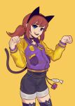  1girl a_hat_in_time animal_ears black_legwear blue_eyes blush brown_hair cat_ears cat_tail choker collarbone denim denim_shorts eyebrows_visible_through_hair fake_animal_ears fake_tail fujimna hat_kid highres jacket long_sleeves looking_at_viewer older open_mouth paw_pose short_hair short_ponytail shorts sidelocks simple_background smile solo tail thigh-highs track_jacket upper_teeth yellow_background 