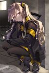  1girl armband earrings eyebrows_visible_through_hair flat_chest girls_frontline hair_between_eyes head_tilt holding_head jewelry long_hair mashita_(kuzsat) pantyhose ruins scar scar_across_eye side_ponytail skirt smile solo squatting tiptoes ump45_(girls_frontline) very_long_hair yellow_eyes 