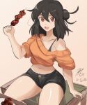  1girl black_hair black_shorts borrowed_character cowboy_shot dated food hair_between_eyes highres long_hair lucia_(scott_malin) midriff navel off-shoulder_sweater off_shoulder open_mouth orange_background orange_sweater original rakeem_garcia-cueto red_eyes short_shorts shorts signature sitting skewer solo sweater 