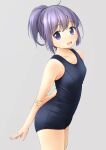  1girl :d bangs bare_arms bare_shoulders black_swimsuit blush breasts collarbone commentary_request eyebrows_visible_through_hair grey_background hair_between_eyes highres looking_at_viewer old_school_swimsuit one-piece_swimsuit open_mouth original ponytail purple_hair school_swimsuit shibacha sidelocks simple_background small_breasts smile solo standing swimsuit violet_eyes 