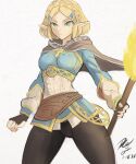  1girl black_gloves black_pants blonde_hair breasts cape cowboy_shot dated fingerless_gloves fire gloves hair_ornament hairclip highres holding holding_torch long_sleeves medium_breasts pants pointy_ears princess_zelda rakeem_garcia-cueto short_hair signature solo the_legend_of_zelda the_legend_of_zelda:_breath_of_the_wild the_legend_of_zelda:_breath_of_the_wild_2 torch 