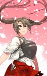  1girl bangs brown_hair cowboy_shot eyebrows_visible_through_hair floating_hair hair_between_eyes hair_ribbon hakama hakama_skirt happa_(cloverppd) highres japanese_clothes kantai_collection light_smile long_hair looking_away muneate petals red_hakama ribbon simple_background smile solo tasuki twintails white_ribbon wind wind_lift yellow_eyes zuikaku_(kantai_collection) 