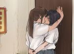  2girls against_door anabel black_hair brown_hair closed_eyes highres hug kiss long_hair multiple_girls original ponytail profile school_uniform short_hair sketch wavy_hair yuri 