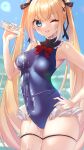  1girl :p absurdres arm_up armpits azur_lane blonde_hair blue_eyes blue_swimsuit bottle breasts covered_navel dead_or_alive frilled_swimsuit frills hair_ornament hairclip hand_on_hip highres long_hair looking_at_viewer marie_rose one-piece_swimsuit one_eye_closed outdoors ribbon seele0907 smile solo swimsuit thigh_strap thighs tongue tongue_out twintails very_long_hair water water_bottle wet wet_clothes wet_swimsuit 