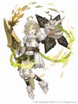  1boy :o ahoge armor armored_boots belt boots breastplate chain crossdressinging faulds full_body gauntlets glaive green_eyes green_hair ji_no knee_pads long_nose looking_at_viewer maid_headdress official_art otoko_no_ko pinocchio_(sinoalice) plate_armor shield shoulder_armor sinoalice solo square_enix tongue tongue_out upper_teeth white_background 