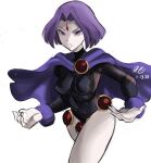  1girl breasts cape cowboy_shot dated highres large_breasts long_sleeves open_mouth purple_cape purple_hair rakeem_garcia-cueto raven_(dc) short_hair signature simple_background solo teen_titans violet_eyes white_background 