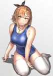  1girl alternate_costume atelier_(series) atelier_ryza bare_shoulders blue_swimsuit breasts brown_eyes brown_hair competition_swimsuit eyebrows_visible_through_hair full_body highres key_necklace kilye_4421 large_breasts looking_at_viewer one-piece_swimsuit reisalin_stout short_hair sitting solo swimsuit thigh-highs white_legwear 