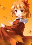  1girl aki_shizuha autumn_leaves bangs dress eyebrows_visible_through_hair falling_leaves from_side gradient gradient_background gradient_dress hair_ornament highres holding holding_clothes holding_dress leaf leaf_hair_ornament long_sleeves looking_at_viewer maple_leaf medium_hair open_mouth orange_background orange_dress orange_eyes orange_hair ruu_(tksymkw) smile solo standing touhou 