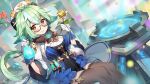  1girl ayamy black_legwear breasts dutch_angle flask flower garter_straps gat genshin_impact glasses gloves green_hair long_hair sitting smile solo sucrose_(genshin_impact) thigh-highs white_gloves yellow_eyes 