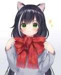 1girl :3 animal_ears anz32 black_hair bow eyebrows_visible_through_hair green_eyes karyl_(princess_connect!) long_hair looking_at_viewer princess_connect! princess_connect!_re:dive scarf signature simple_background solo star_(symbol) sweater 
