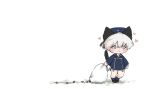  1girl :3 animal_ears black_neckwear blue_dress blue_eyes blue_headwear blue_sailor_collar cat_ears cat_tail chibi dress full_body hat kantai_collection karin_bluez3 neckerchief negative_space sack sailor_collar sailor_dress sailor_hat seed short_hair silver_hair simple_background solo tail white_background z1_leberecht_maass_(kancolle) 