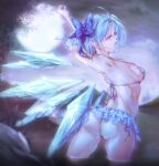  1girl absurdres armpits arms_up ass bikini blue_bikini blue_bow blue_eyes blue_hair blue_ribbon bow breasts cirno commentary_request full_moon hair_bow highres huge_filesize ice ice_wings looking_away medium_breasts moon night outdoors ribbon short_hair skindentation solo string_bikini swimsuit touhou uruoshi wading wings 