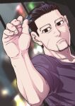  1boy alternate_costume arm_up black_eyes black_hair casual dart decoy00xx expressionless facial_hair focused goatee golden_kamuy grey_shirt hair_slicked_back hair_strand holding male_focus ogata_hyakunosuke scar scar_on_cheek scar_on_face shirt short_hair solo stubble undercut upper_body 