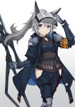  1girl animal_ears arknights banco233 collar grani_(arknights) grey_background grey_hair highres holding holding_weapon leg_armor long_hair long_jacket looking_at_viewer ponytail simple_background smile violet_eyes weapon 