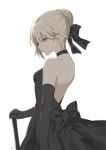  1girl artoria_pendragon_(all) backless_dress backless_outfit bangs black_bow black_choker black_dress black_gloves blurry blurry_background bow braid braided_bun breasts choker closed_mouth dress elbow_gloves eyebrows_visible_through_hair fate/stay_night fate_(series) from_side gloves hair_between_eyes hair_bow hand_on_hilt highres oshage_(user_kpsn5534) saber_alter short_hair silver_hair simple_background sleeveless sleeveless_dress small_breasts solo standing strapless strapless_dress white_background yellow_eyes 