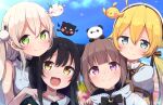  4girls :d ahoge bangs bare_shoulders beret black_bow black_hair black_shirt blonde_hair blurry blurry_background blush bow brown_eyes brown_hair chidori_hina closed_mouth commentary crescent day depth_of_field eyebrows_visible_through_hair green_hair hair_between_eyes harvest_moon_(youtube) hat highres jacket light_brown_hair long_hair low_twintails multiple_girls nekone_suzu okota_mikan open_mouth outdoors puffy_short_sleeves puffy_sleeves shirt short_sleeves sleeveless sleeveless_shirt smile tsukinowa_noa twintails usaki_rabi violet_eyes virtual_youtuber white_headwear white_jacket white_shirt 