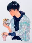  1boy black_hair black_hoodie closed_eyes cropped_torso cup drinking_straw food grey_background highres holding holding_cup holding_food hood hoodie kan0nakan0 long_sleeves original plaid plaid_shirt profile sandwich shirt short_hair simple_background solo very_short_hair 