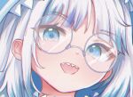  1girl animal_hood blue_eyes blue_hair close-up english_commentary gawr_gura glasses hikeru_(hikerumin) hololive hololive_english hood looking_at_viewer multicolored_hair open_mouth round_eyewear shark_hood sharp_teeth silver_hair solo streaked_hair teeth virtual_youtuber 