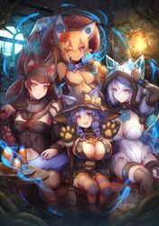  4girls :d ai_gon_deroga animal_ears black_hair blonde_hair blue_eyes blue_hair bow breasts broom candle dress drill_hair ears_through_headwear fantasy flower hair_bow hair_brush hair_flower hair_ornament halloween hat hat_ribbon huge_breasts lantern large_breasts magic multiple_girls one_eye_closed open_mouth oppai_loli original paw_print paws red_eyes ribbon smile striped striped_legwear tail thigh-highs twin_drills witch witch_hat wolf_ears wolf_tail yellow_eyes 