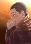 1boy black_eyes black_hair blush buzz_cut decoy00xx from_side golden_kamuy hands_together long_sleeves male_focus ogata_hyakunosuke open_mouth scarf short_hair solo upper_body very_short_hair warming_hands wide_sleeves yellow_scarf younger 