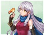  1girl bangle bird bird_on_hand black_gloves blue_scarf bracelet dress elbow_gloves fingerless_gloves fire_emblem fire_emblem:_radiant_dawn gloves hair_ribbon half_updo hazuki_(nyorosuke) jewelry long_hair looking_at_another micaiah_(fire_emblem) ribbon scarf side_slit silver_hair simple_background sleeveless sleeveless_dress upper_body yellow_eyes yune_(fire_emblem) 