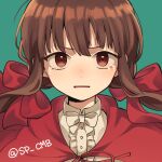  1girl alternate_costume alternate_hair_ornament bangs bow brown_hair cape center_frills commentary_request dangan_ronpa frills green_background hair_ornament harukawa_maki long_hair looking_at_viewer low_twintails new_dangan_ronpa_v3 open_mouth red_bow red_cape red_eyes shirt simple_background solo takagiri tearing_up twintails white_shirt 