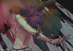  1boy arm_behind_back artist_name bare_arms belt boku_no_hero_academia brown_hair chisaki_kai commentary detached_arm earrings facing_away from_behind from_side fur_trim green_jacket grey_belt highres jacket jewelry male_focus mask mask_removed no_shirt pants plague_doctor_mask schaloime short_hair solo very_short_hair 