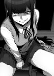 1girl absurdres bangs commentary_request ebiblue gesugao greyscale grin highres kneehighs long_hair long_sleeves monochrome neck_ribbon original pleated_skirt ribbon school_uniform scissors shaded_face sidelocks sitting skirt smile solo sweater_vest yandere 