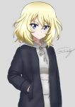  1girl artist_name bangs black_jacket blonde_hair blue_eyes bukkuri casual closed_mouth commentary_request dated drawstring eyebrows_visible_through_hair girls_und_panzer grey_shirt hand_in_hair highres hood hood_down hoodie jacket long_sleeves looking_at_viewer medium_hair messy_hair open_clothes open_jacket oshida_(girls_und_panzer) partial_commentary shirt signature simple_background smile solo standing zipper 